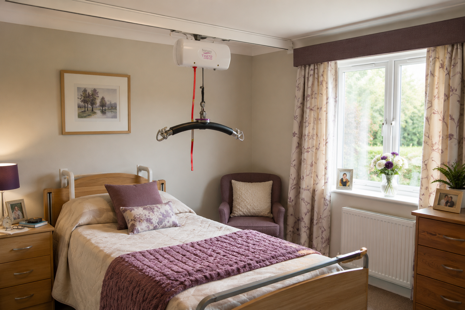 Ceiling track hoist system installed above a profiling bed in a modern care home bedroom