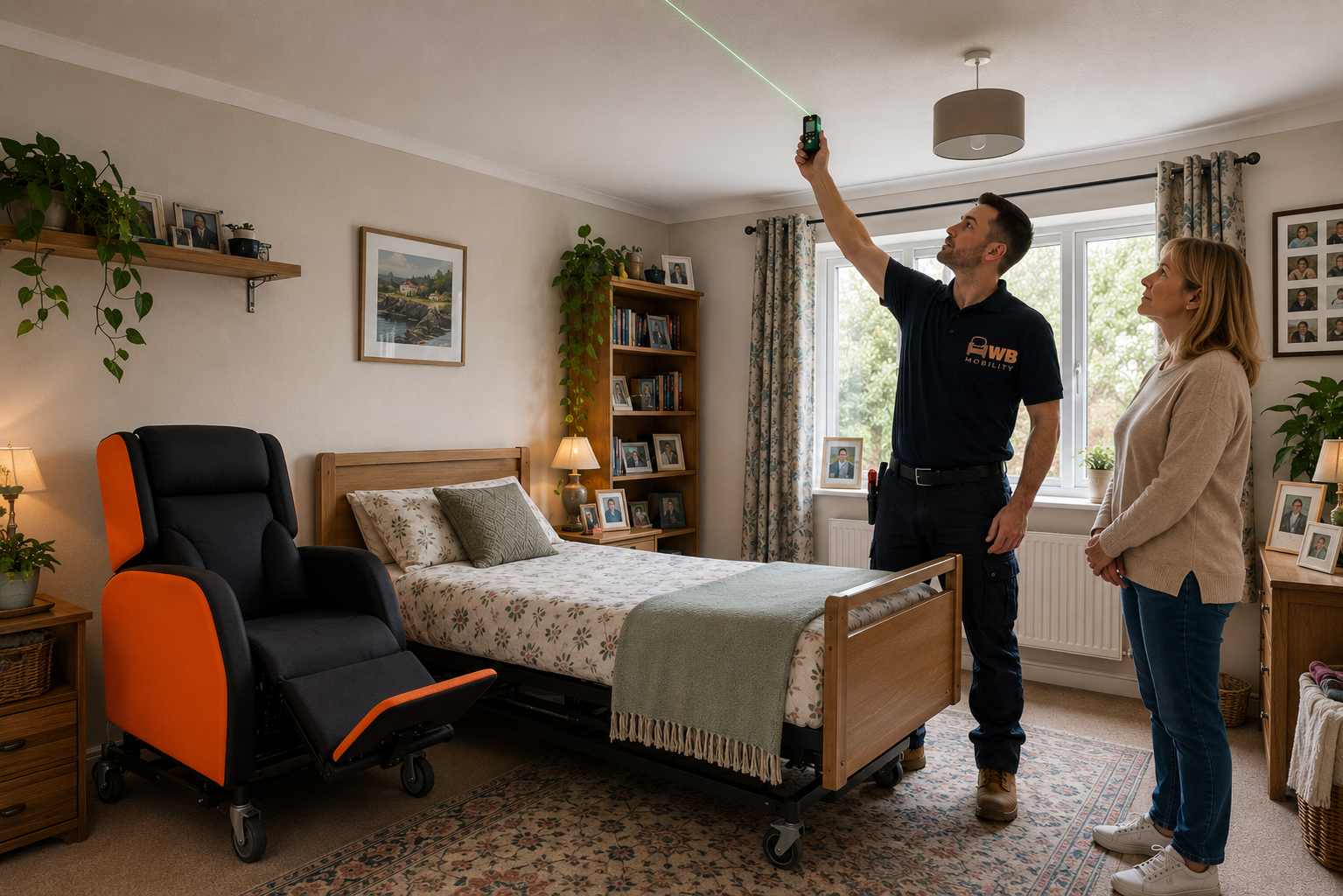 HWB Mobility surveyor using a laser measuring device during a ceiling track hoist survey in a private UK home, with a profiling bed and tilt in space porter chair.