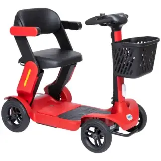 Front three-quarter view of the Alerta Strato-Cruise mobility scooter in Red with front storage basket.