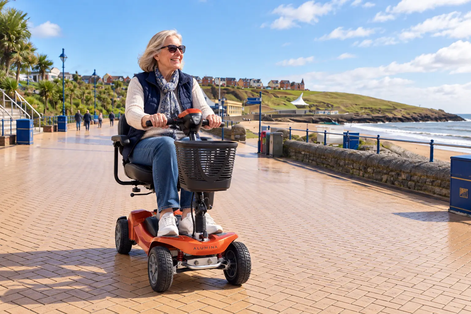 Woman riding a mobility scooter along the Barry Island seafront